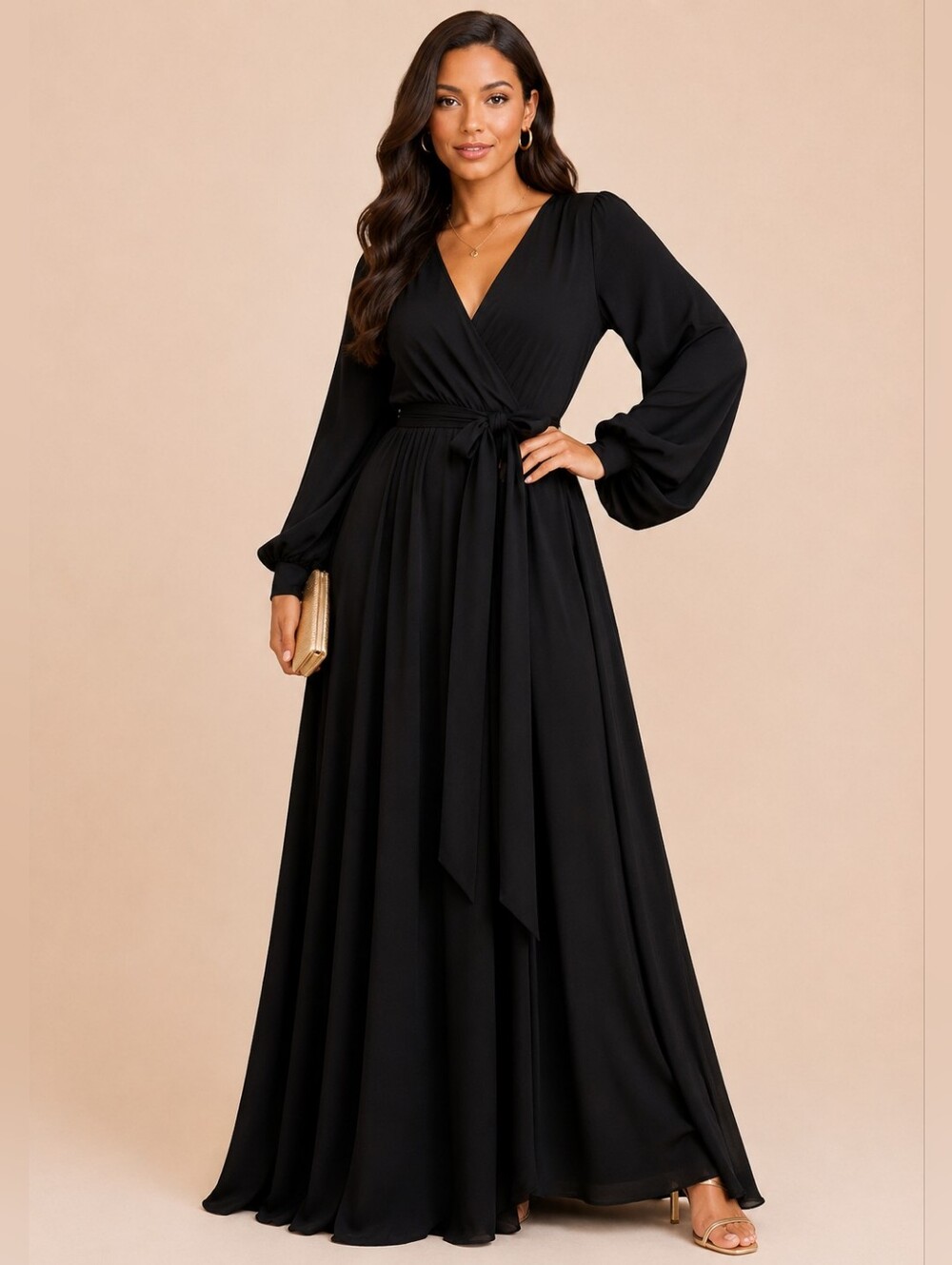 NWT Meghan LA Black Wrap Maxi Dress with Long Bishop Sleeves Size XL